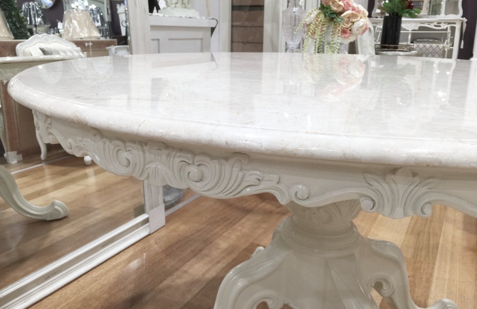 Carole French Dining Table Carved Edge Cream Or White Marble Top