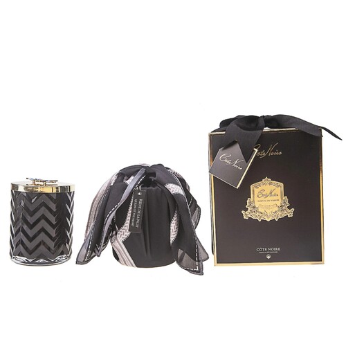 Côte Noire Black Herringbone Glass Candles with Scarf , Red Bee Lid