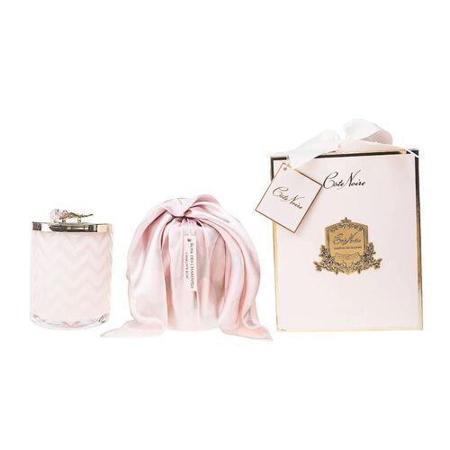 Côte Noire Pink Herringbone Glass Candles with Scarf , Pink Rose Lid