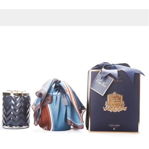 Côte Noire Navy Herringbone Glass Candles with Scarf , Blue Dragonfly Lid