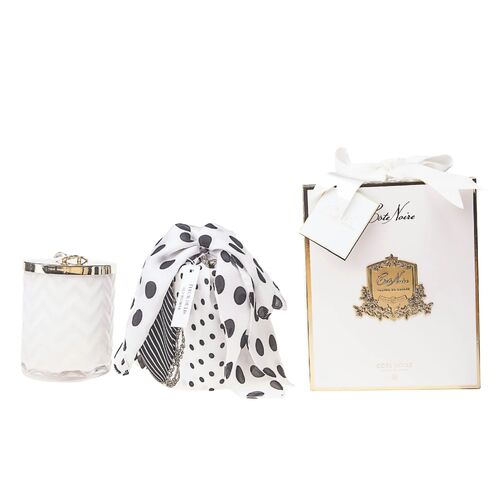 Côte Noire White Herringbone Glass Candles with Scarf, White Flower Lid