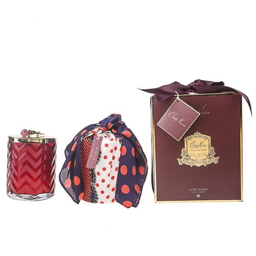Côte Noire Red Herringbone Glass Candles with Scarf, Red Rose Lid