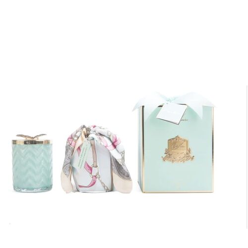 Côte Noire Jade Herringbone Glass Candles with Scarf , Tiffany Blue , Butterfly Lid