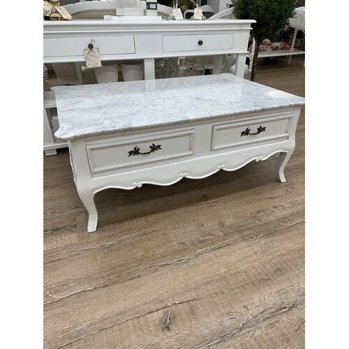 Mirabelle French Rectangular Coffee Table w/ Drawers, White Marble Top