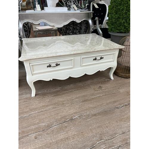 Mirabelle French Rectangular Coffee Table w/ Drawers, Cream Marble Top